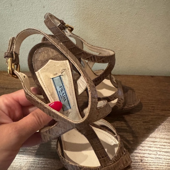 Prada Platform Sandals Brown Croc-Embossed Leather Slingback Heels - Picture 3 of 14